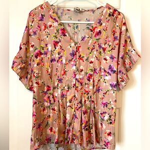 Dolan Anthropologie Pink Floral Button up Ruffle Blouse